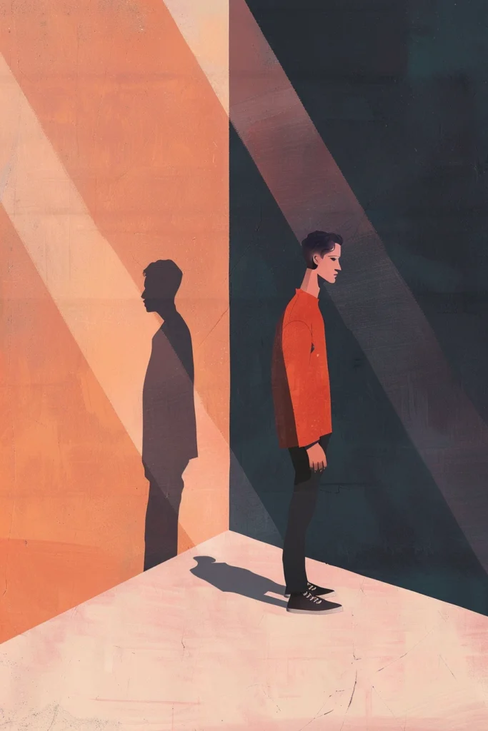 person standing near ocean horizon in emotional illustration style