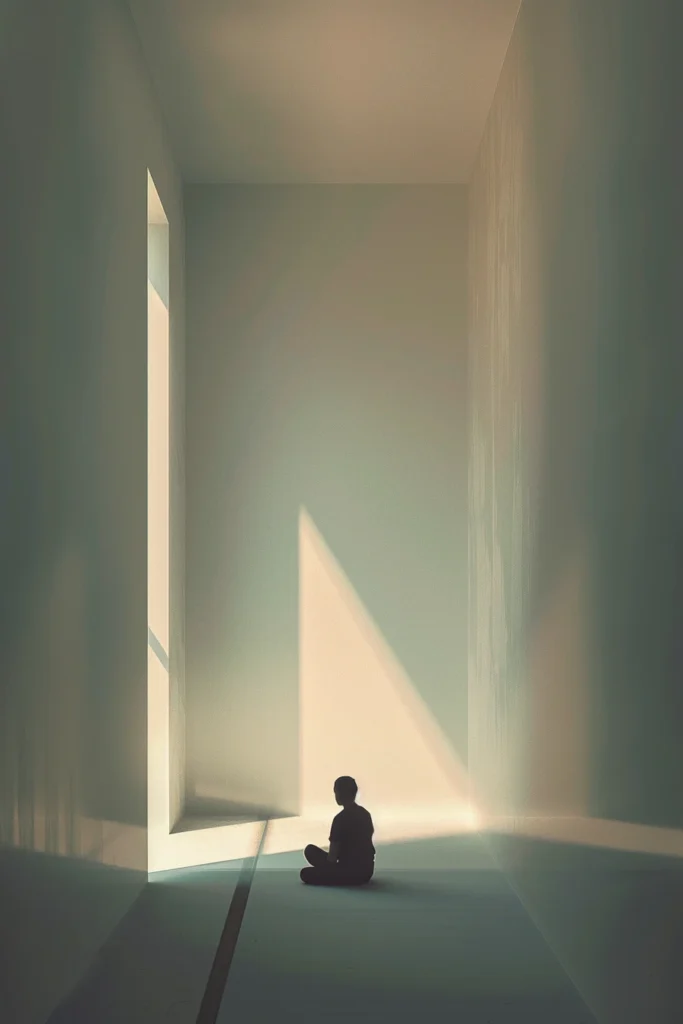 person standing near ocean horizon in emotional illustration style