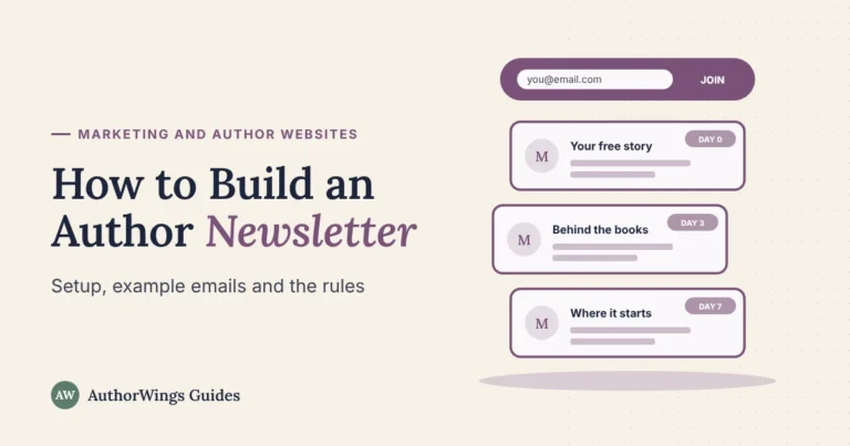 Author newsletter guide image: a signup bar above three welcome emails sent on day 0, day 3 and day 7