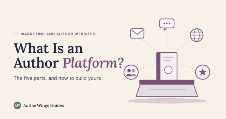 What Is an Author Platform guide image: a book on a raised platform, linked to icons for a newsletter, social media, a website, relationships and authority