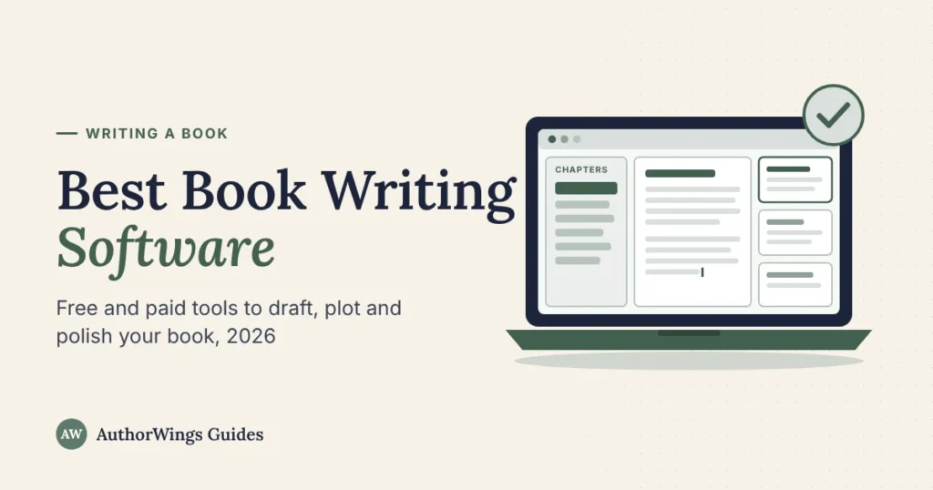 Best Book Writing Software guide cover showing a laptop with a chapter list, a manuscript page and index cards