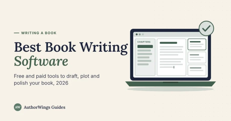 Best Book Writing Software guide cover showing a laptop with a chapter list, a manuscript page and index cards