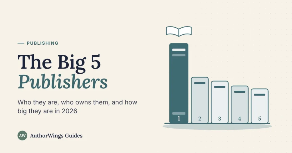 Five book-shaped columns of different heights, the first and tallest topped by an open book, beside the title The Big 5 Publishers