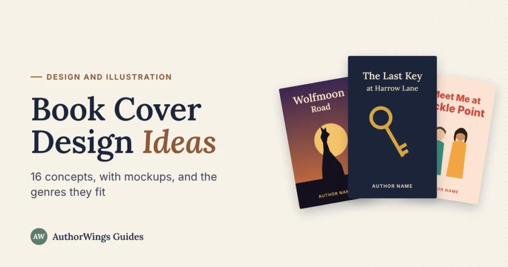 Book Cover Design Ideas guide image: three mockup covers fanned out, a key on navy, a wolf silhouette against the moon, and an illustrated couple