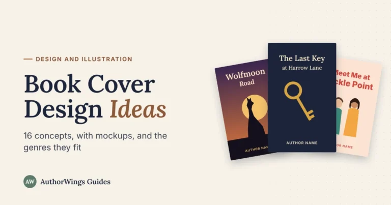 Book Cover Design Ideas guide image: three mockup covers fanned out, a key on navy, a wolf silhouette against the moon, and an illustrated couple