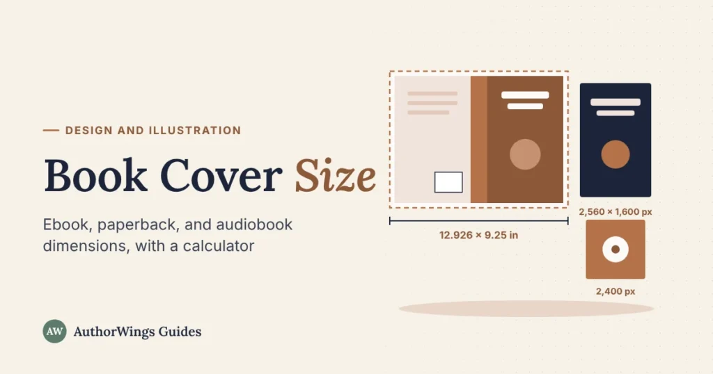 Book Cover Size guide image: a paperback cover wrap measured at 12.926 by 9.25 inches beside a 2,560 by 1,600 pixel ebook cover and a 2,400 pixel square audiobook cover