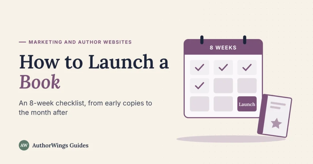 How to Launch a Book guide image: an 8-week calendar with ticked weeks leading to a launch day square, next to a finished book