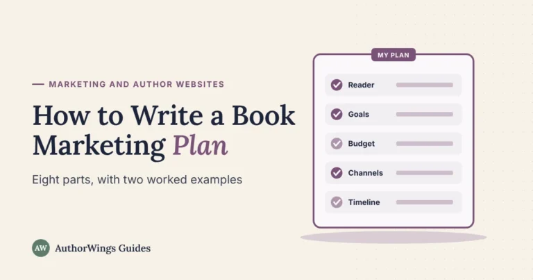 Book marketing plan guide image: a one-page plan checklist with reader, goals, budget, channels and timeline ticked off