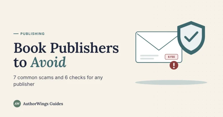 Book publishers to avoid: an email asking for a fee next to a shield with a check mark