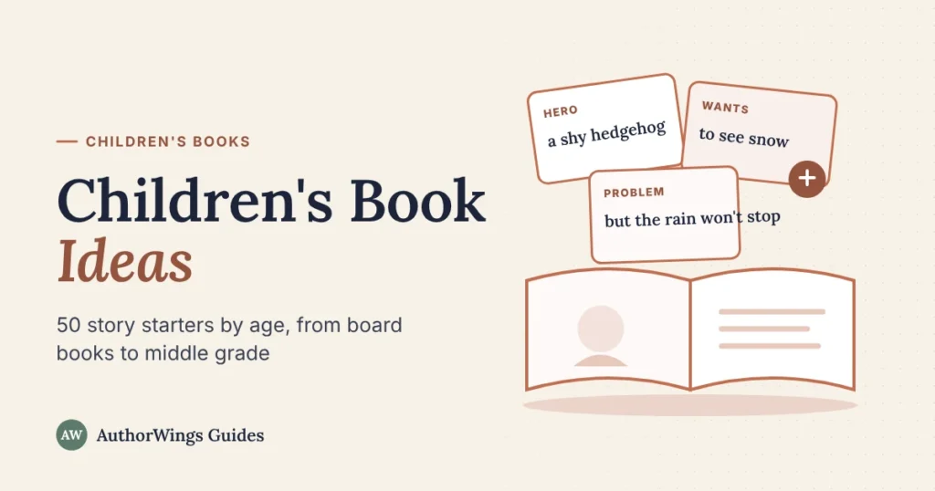 Illustration of hero, wants and problem idea cards above an open picture book