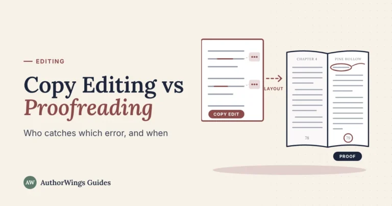 Copy Editing vs Proofreading guide cover: a manuscript page with editor comments passing through layout to an open book proof with marked corrections