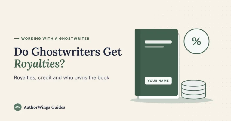 Do Ghostwriters Get Royalties guide image: a book with "Your name" on the cover, a stack of coins and a percent sign