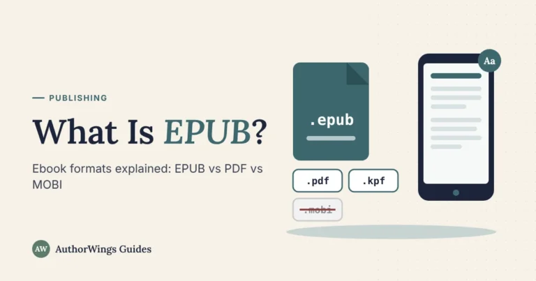 What is EPUB: an EPUB file next to PDF, KPF and a crossed-out MOBI file, with a phone showing reflowable text