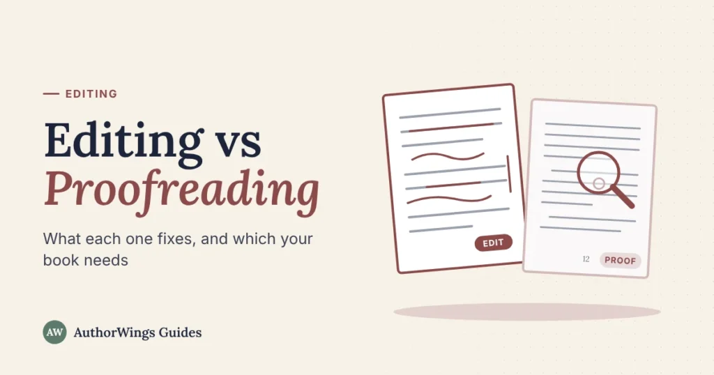 Editing vs Proofreading guide cover: a heavily marked-up edited page next to a clean proof page with one mark under a magnifying glass