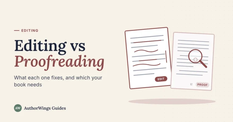 Editing vs Proofreading guide cover: a heavily marked-up edited page next to a clean proof page with one mark under a magnifying glass