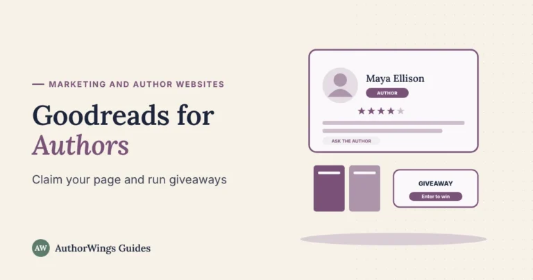 Goodreads for authors guide image: an author profile card with star rating and Ask the Author, two books and a giveaway card