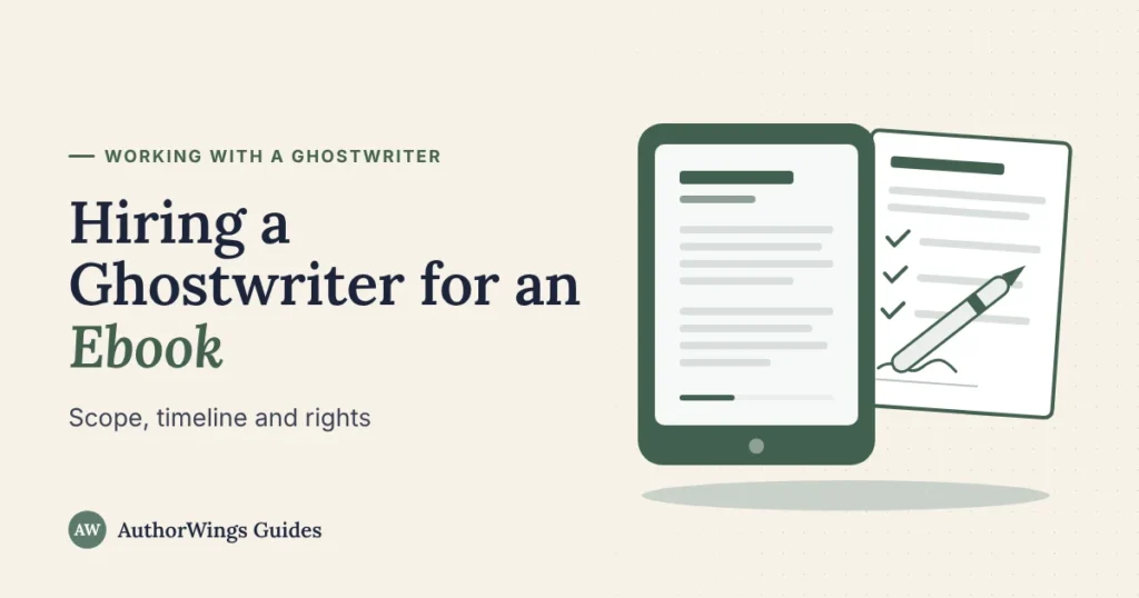 Hiring a Ghostwriter for an Ebook guide image: an ebook reader next to a signed contract with a checklist and a pen
