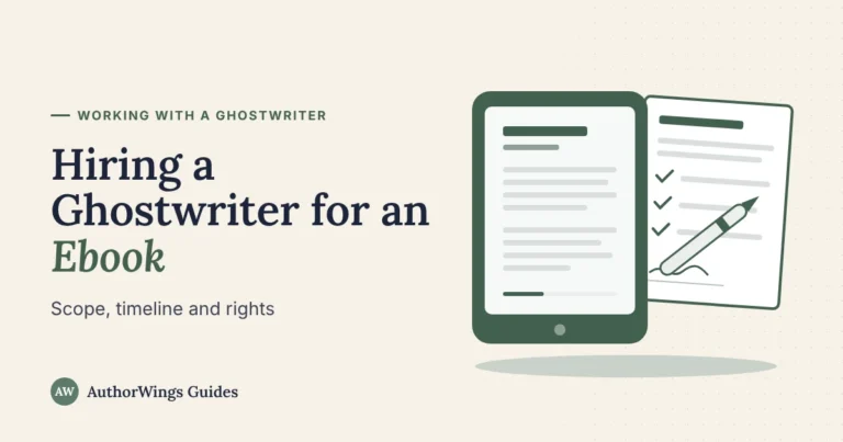 Hiring a Ghostwriter for an Ebook guide image: an ebook reader next to a signed contract with a checklist and a pen