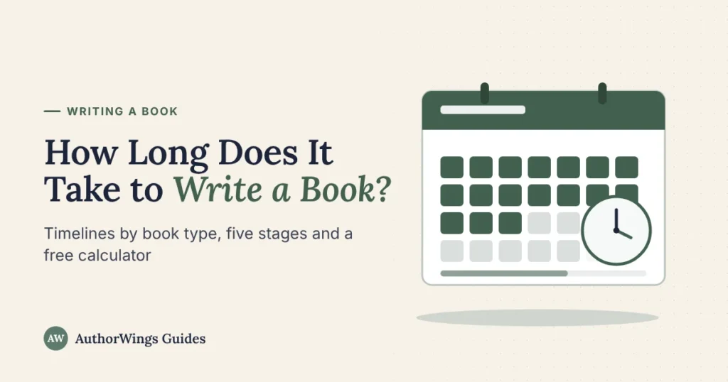 Calendar with filled-in days, a progress bar and a clock, on a “How Long Does It Take to Write a Book?” title card