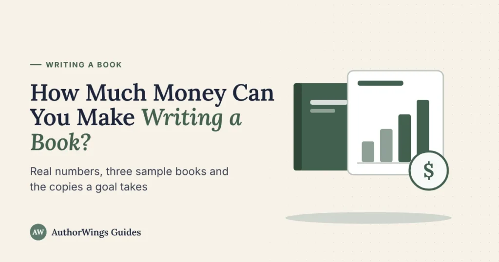 A green book beside a rising bar chart and a dollar sign, on a “How Much Money Can You Make Writing a Book?” title card