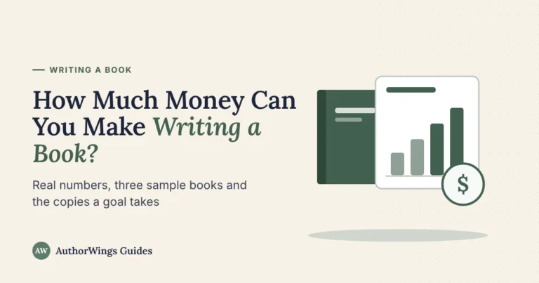 A green book beside a rising bar chart and a dollar sign, on a “How Much Money Can You Make Writing a Book?” title card