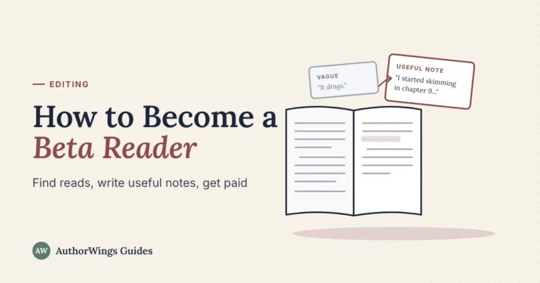 How to Become a Beta Reader guide cover: an open manuscript with a vague sticky note and a useful note pointing to chapter 9