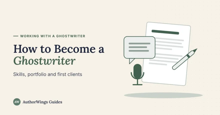 How to Become a Ghostwriter guide image: a microphone and a speech bubble beside a manuscript page and a pen