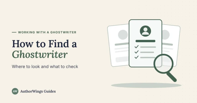 How to Find a Ghostwriter guide image: a writer profile card with a checklist and a magnifying glass, between two other profile cards
