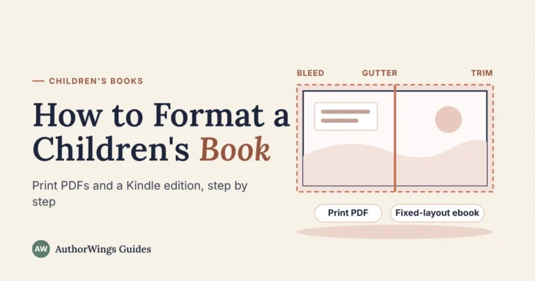 A picture book spread with bleed, gutter and trim lines marked, above labels for a print PDF and a fixed-layout ebook