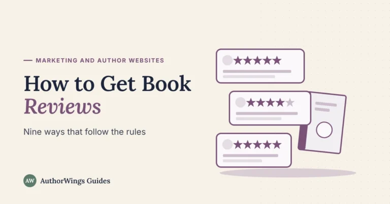 How to Get Book Reviews guide image: three reader review cards with star ratings next to a finished book