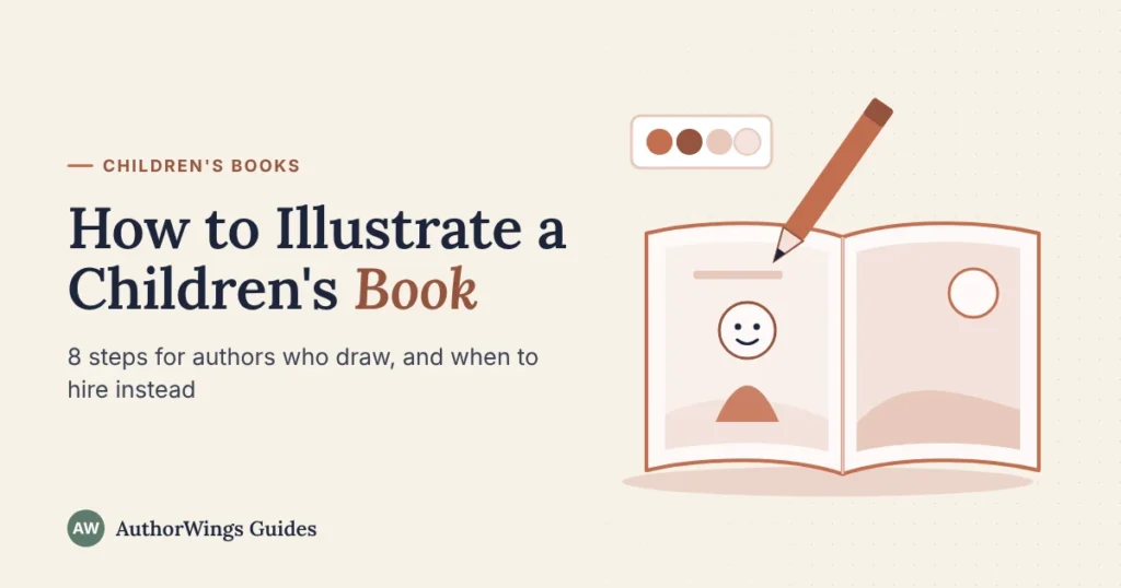 Illustration of an open picture book with a pencil and color swatches