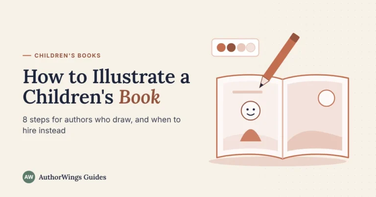 Illustration of an open picture book with a pencil and color swatches