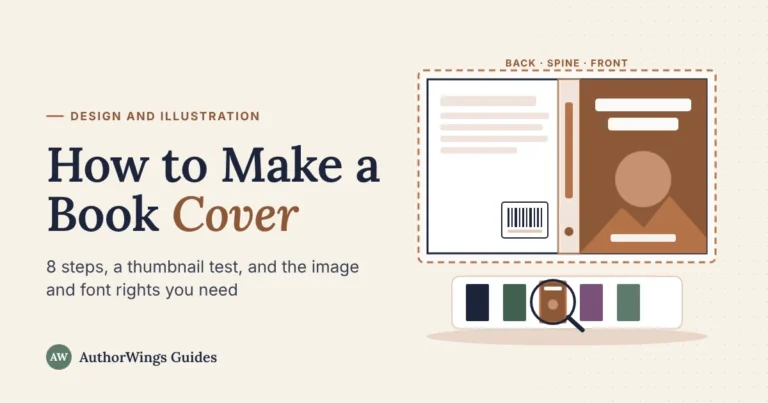 How to Make a Book Cover guide image: a print cover wrap laid flat showing the back, spine and front, above a row of book thumbnails