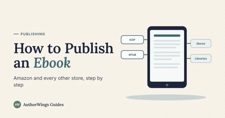 Illustration of an e-reader connected to KDP, EPUB, ebook stores and libraries, for a guide on how to publish an ebook