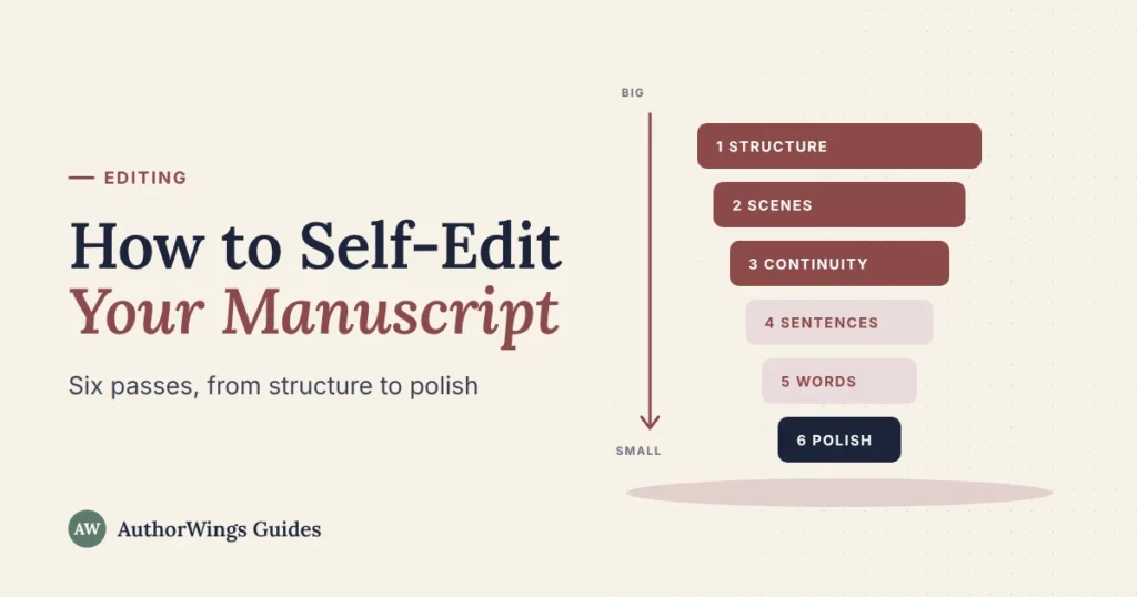 How to Self-Edit Your Manuscript guide cover: six editing passes stacked from structure at the top to polish at the bottom