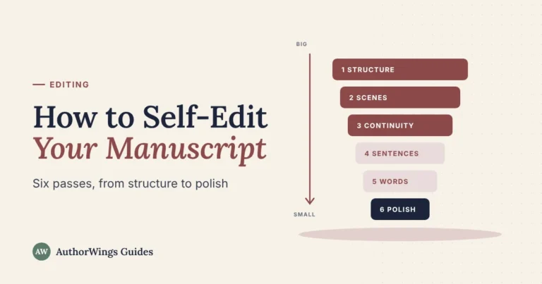 How to Self-Edit Your Manuscript guide cover: six editing passes stacked from structure at the top to polish at the bottom