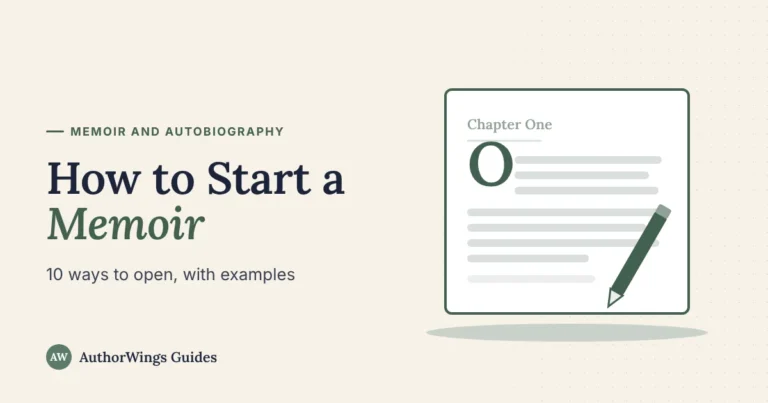 How to Start a Memoir guide cover: the first page of chapter one with a large opening letter and a pencil