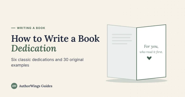 An open book with a short dedication on the right-hand page, on a “How to Write a Book Dedication” title card