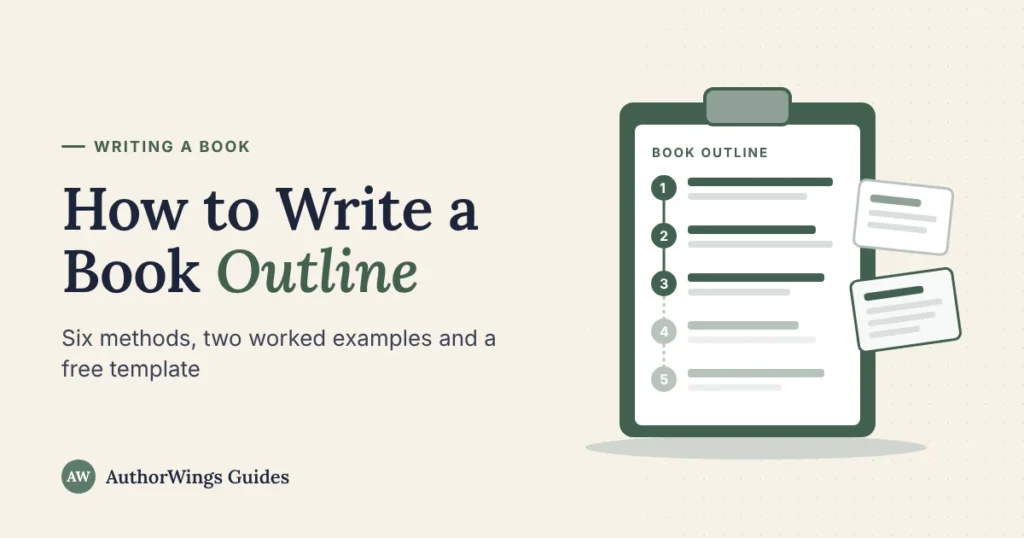 How to Write a Book Outline guide cover showing a clipboard with a numbered chapter outline and index cards