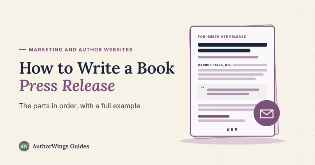 Book press release guide image: a one-page press release with headline, dateline, quote and end mark, next to an email icon