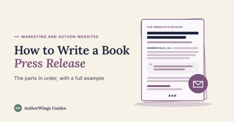 Book press release guide image: a one-page press release with headline, dateline, quote and end mark, next to an email icon