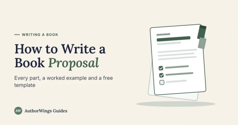 Proposal title page with a checklist of finished sections and section tabs, on a “How to Write a Book Proposal” title card
