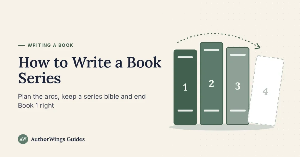 Three book spines numbered 1 to 3 with a fourth outlined, for a guide on how to write a book series