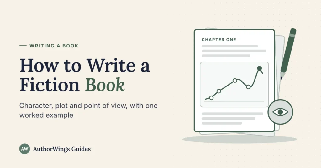 How to Write a Fiction Book guide cover with a manuscript page showing a five-point plot arc and an eye icon for point of view