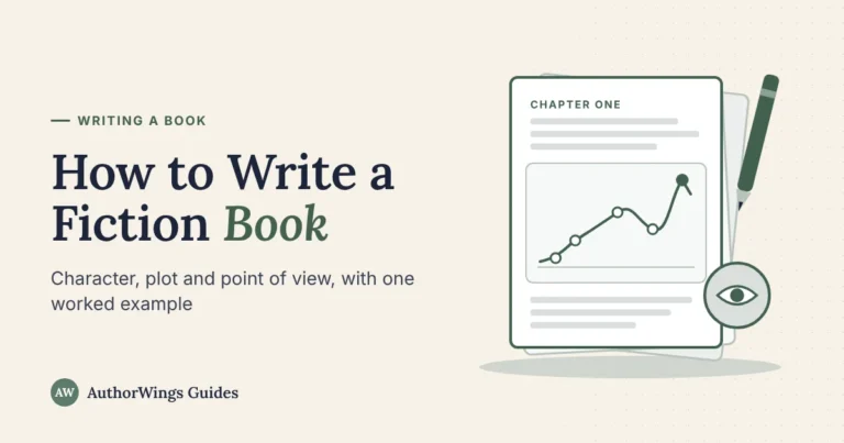 How to Write a Fiction Book guide cover with a manuscript page showing a five-point plot arc and an eye icon for point of view