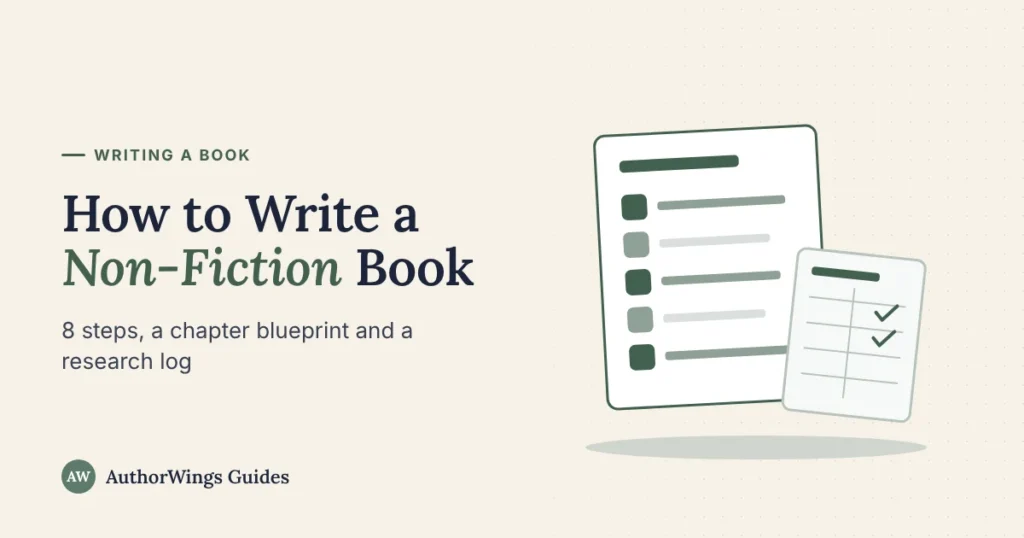 A numbered chapter plan beside a research log with checked rows, on a “How to Write a Non-Fiction Book” title card