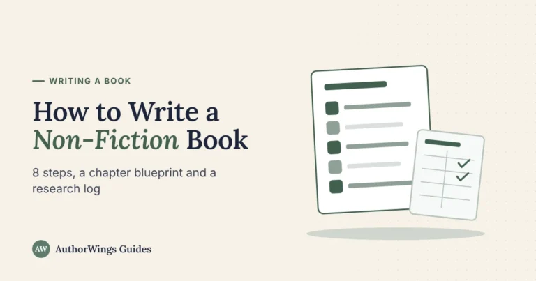 A numbered chapter plan beside a research log with checked rows, on a “How to Write a Non-Fiction Book” title card