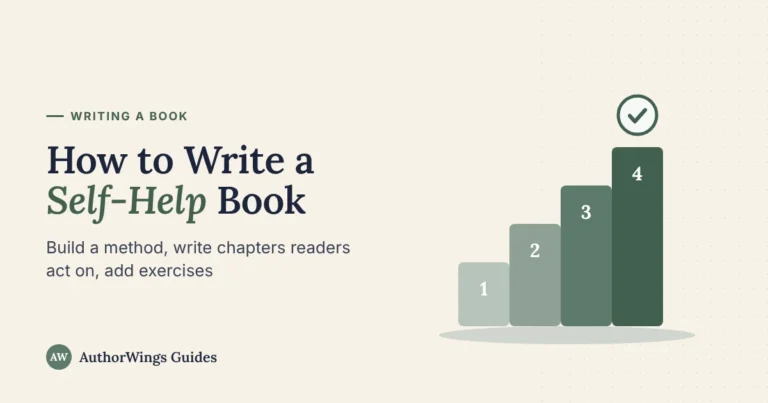 Four rising numbered steps topped by a check mark, on a “How to Write a Self-Help Book” title card