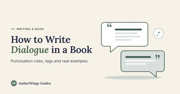 How to Write Dialogue in a Book guide cover showing two speech bubbles with quotation marks
