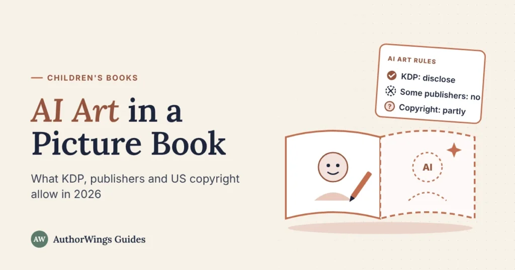 Illustration of an open picture book with a hand-drawn character on one page and a dashed AI outline on the other, next to an AI art rules card